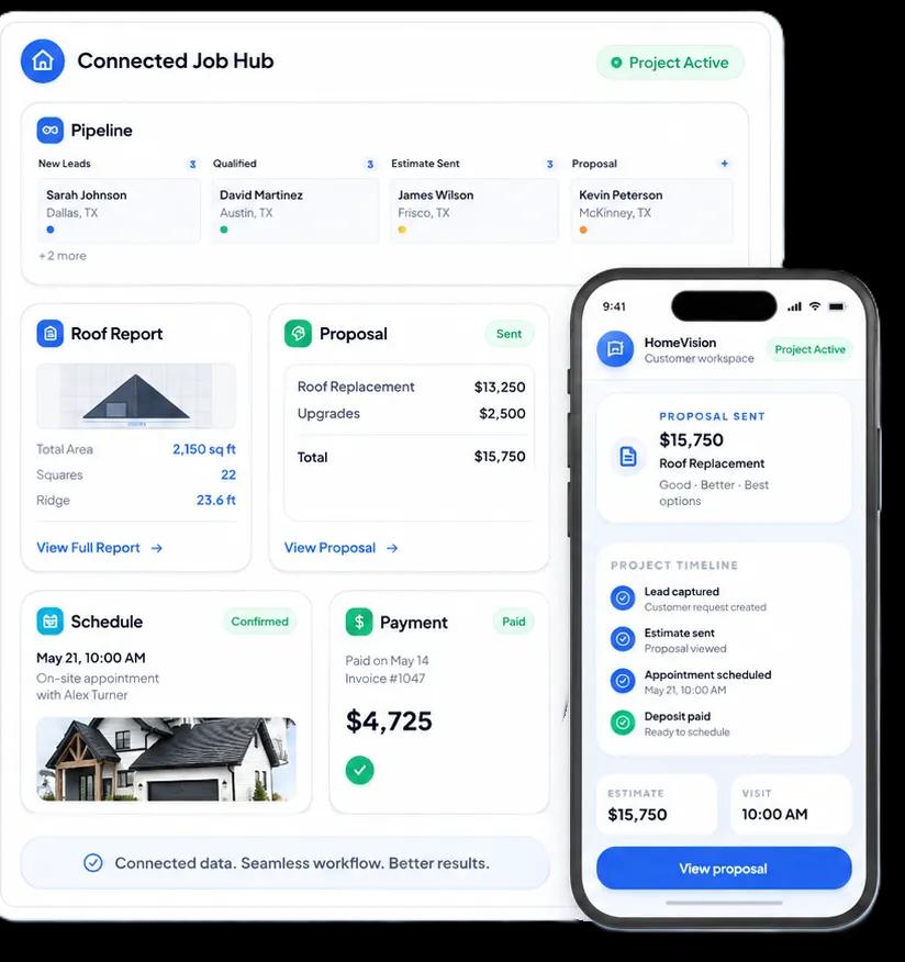 HomeVision connected job hub dashboard with pipeline, roof report, proposal, schedule, and payment cards alongside a mobile proposal view.
